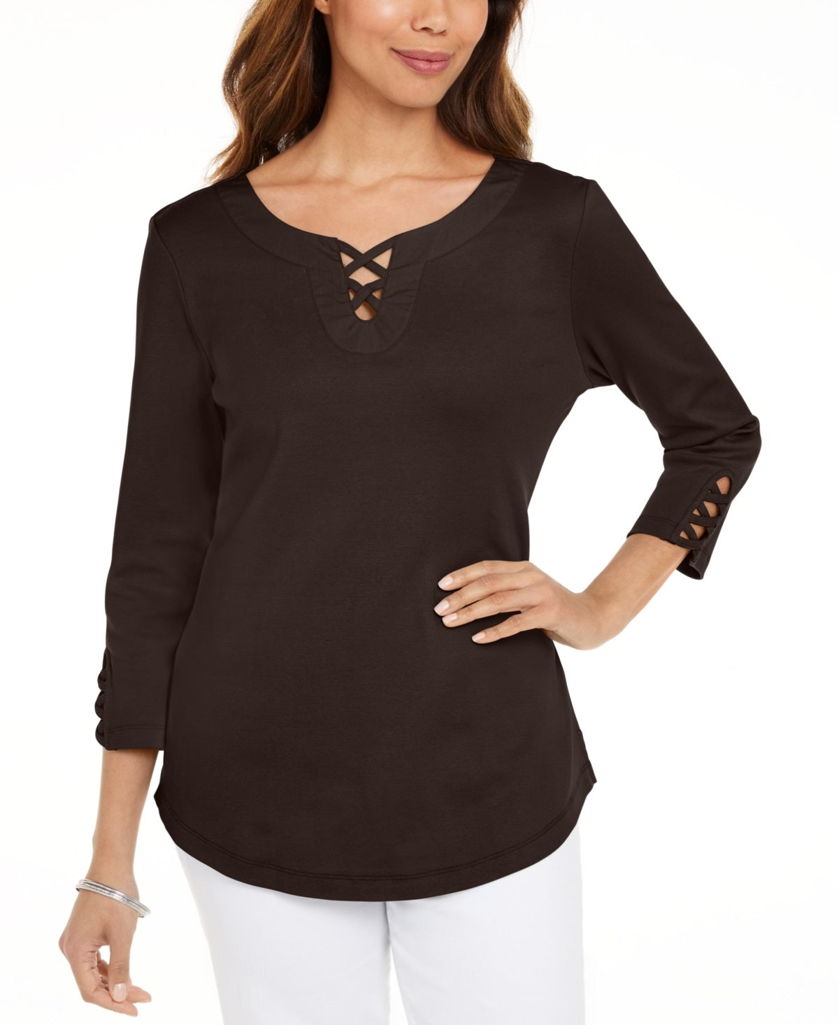 Camiseta feminina Karen Scott de algodão com cadarço, marrom, tamanho pequeno