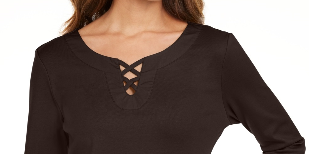 Camiseta feminina Karen Scott de algodão com cadarço, marrom, tamanho pequeno