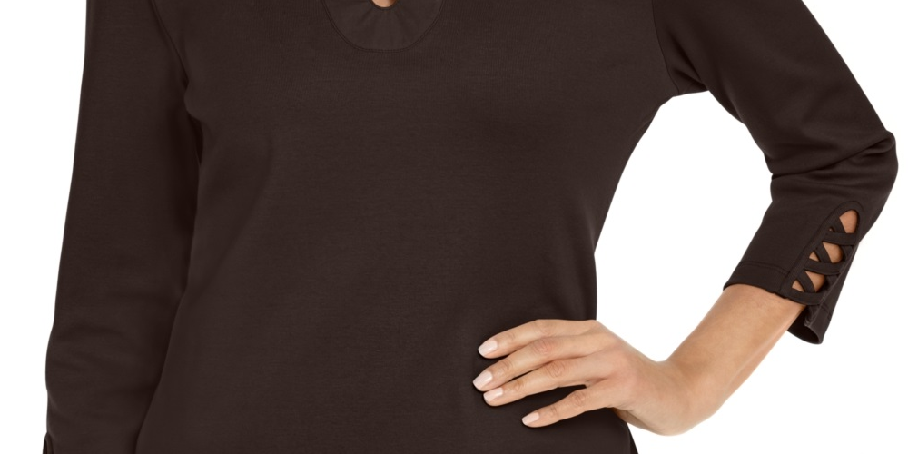 Camiseta feminina Karen Scott de algodão com cadarço, marrom, tamanho pequeno