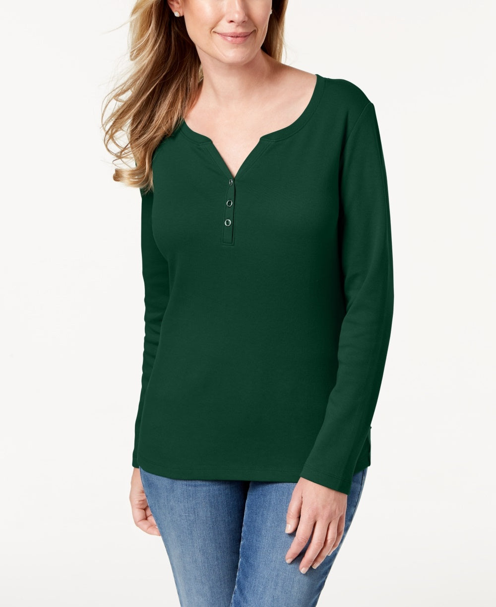 Karen Scott Top Henley de Algodão Feminino Verde Tamanho X-G