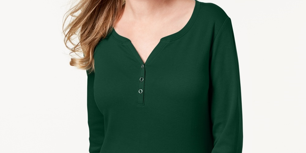 Karen Scott Top Henley de Algodão Feminino Verde Tamanho X-G