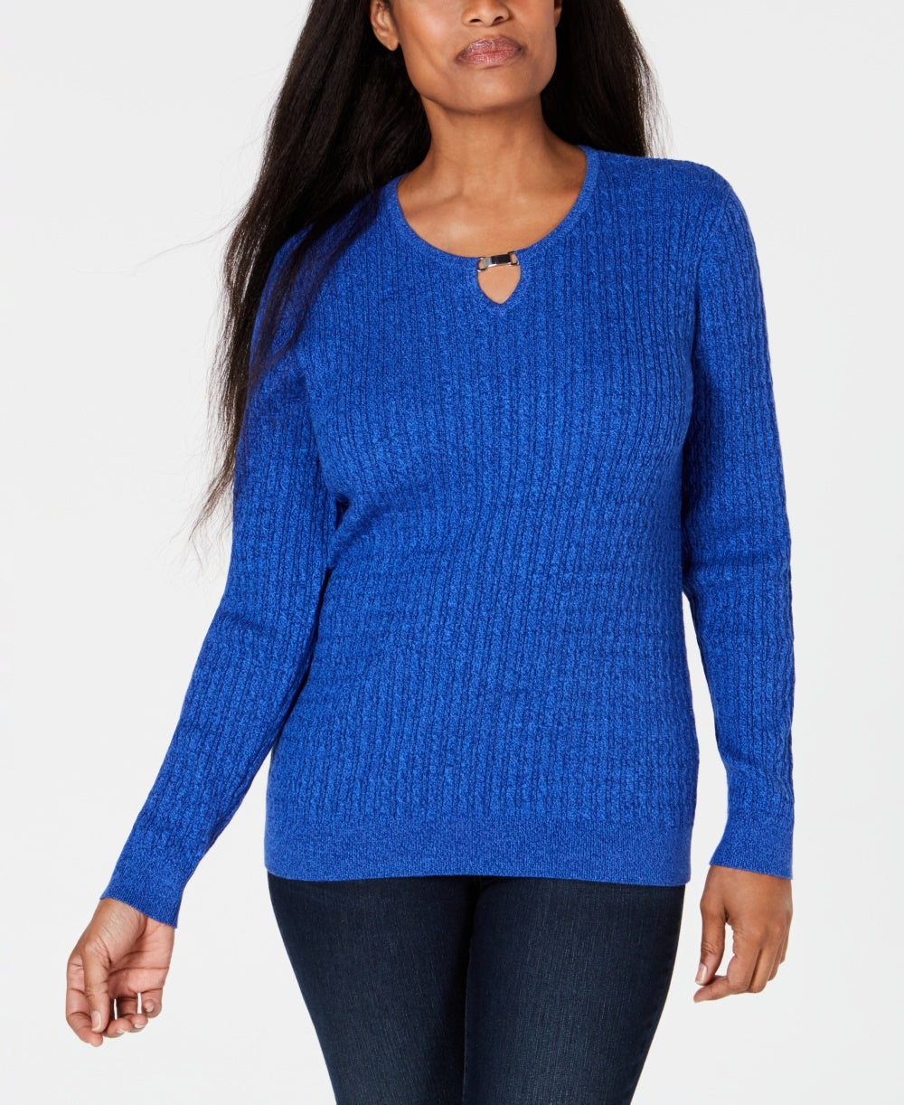Karen Scott Suéter Feminino de Tricô com Cordão de Algodão Azul Tamanho Grande