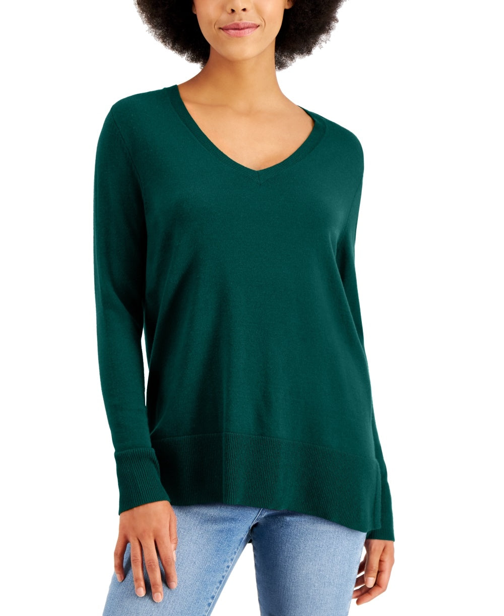 Suéter feminino com decote em V e bainha larga, verde, tamanho grande, estilo &amp; co