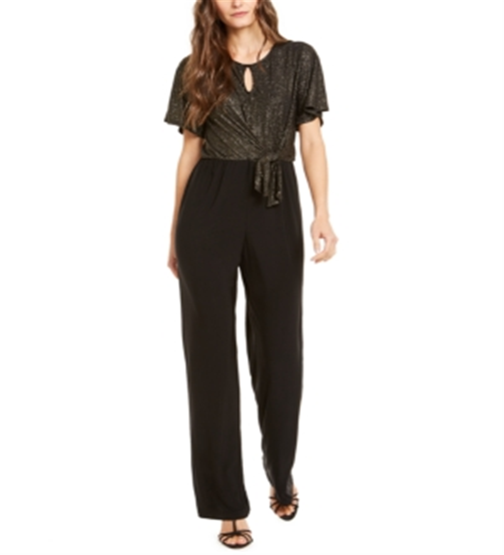 Macacão feminino NY Collection com amarração frontal metálica, preto, tamanho pequeno M