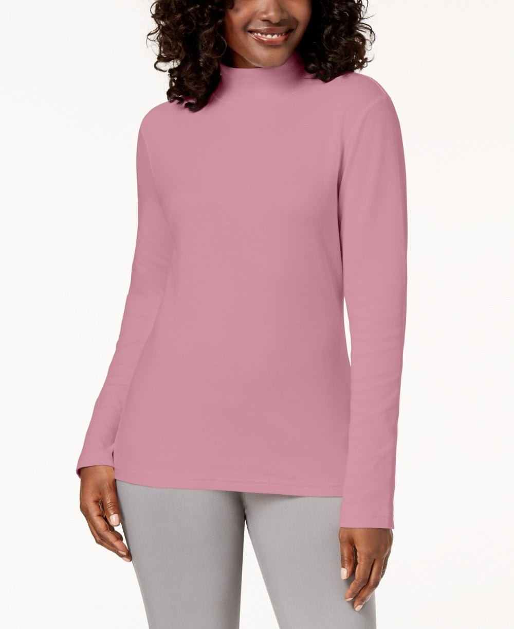 Blusa de gola alta feminina Karen Scott de algodão rosa tamanho extragrande