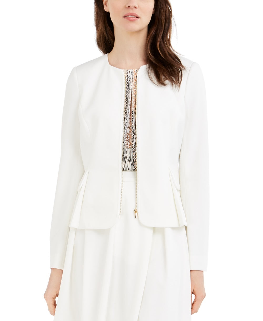 Jaqueta curta Calvin Klein feminina com zíper frontal e mergulho, branca, tamanho 14