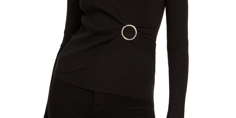 Suéter feminino de malha metálica com envoltório falso, preto, tamanho PL, da INC International Concepts