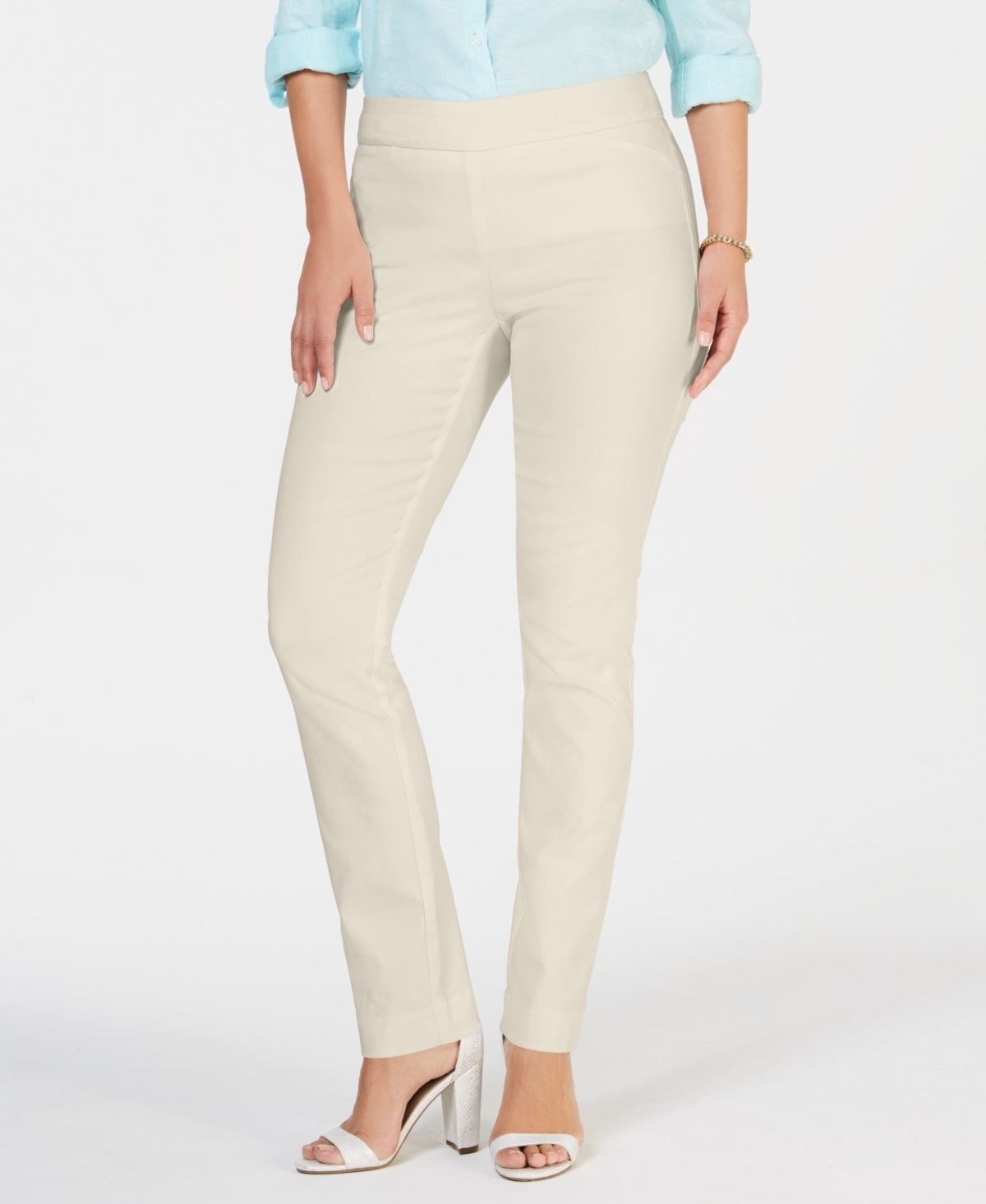 Calças femininas Charter Club Cambridge Skinny Pull-On com controle de barriga, comprimentos regular e curto, bege, tamanho 14