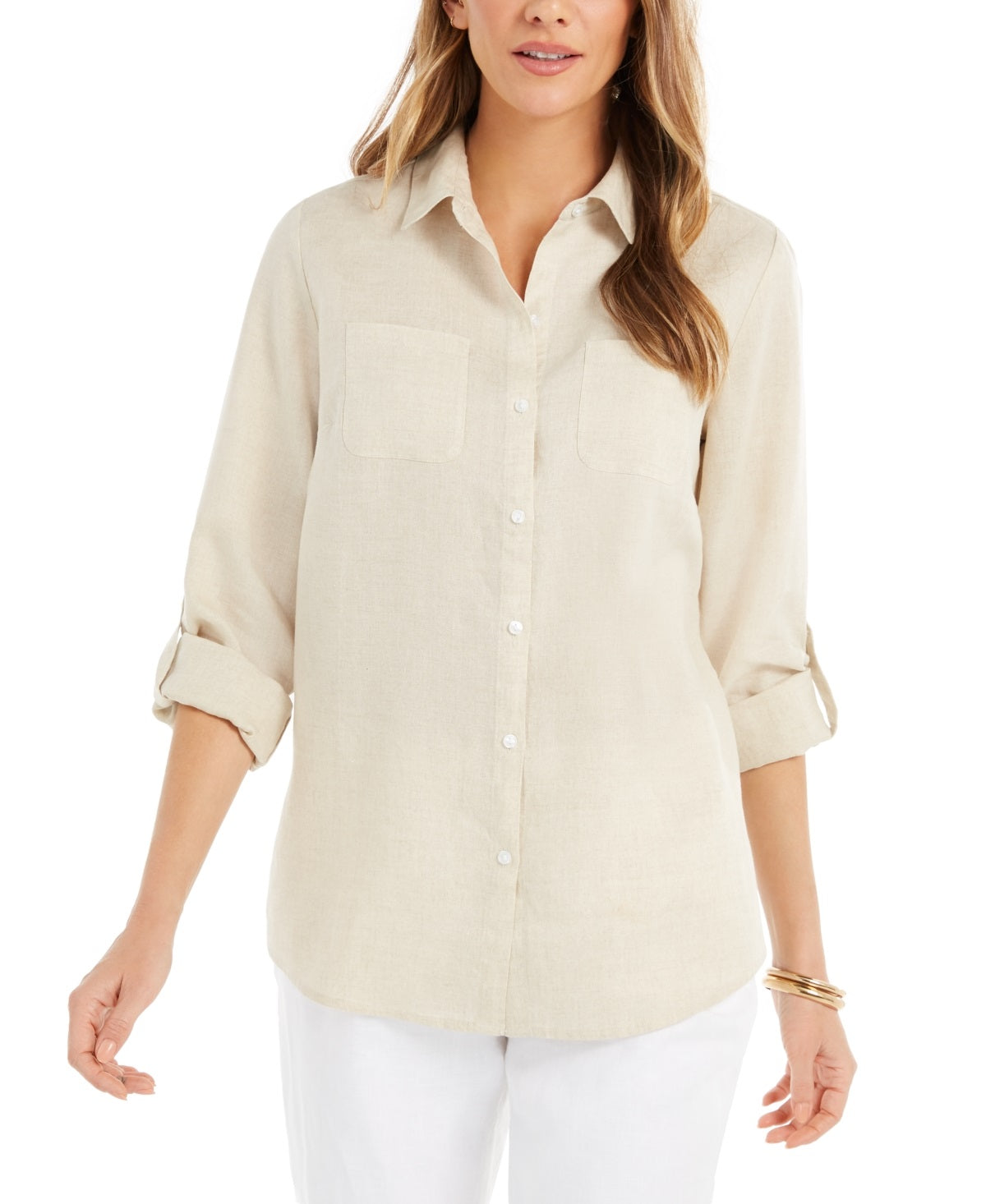 Camisa de linho feminina Charter Club bege tamanho extragrande