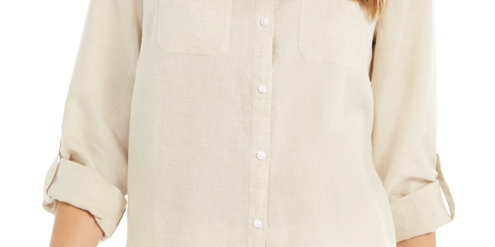 Camisa de linho feminina Charter Club bege tamanho extragrande