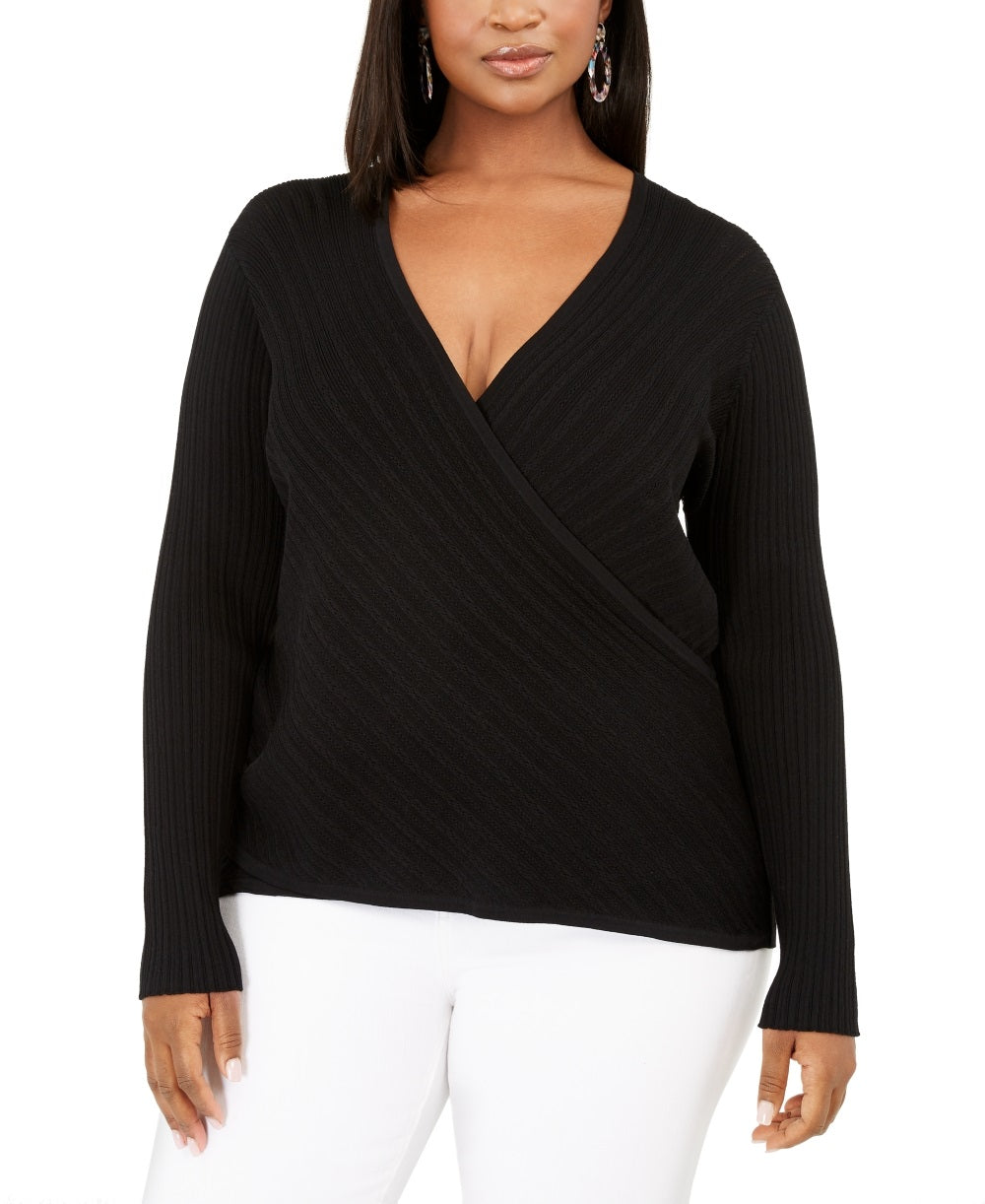 Suéter feminino plus size Pointelle Surplice da INC International Concepts, preto, tamanho 1X