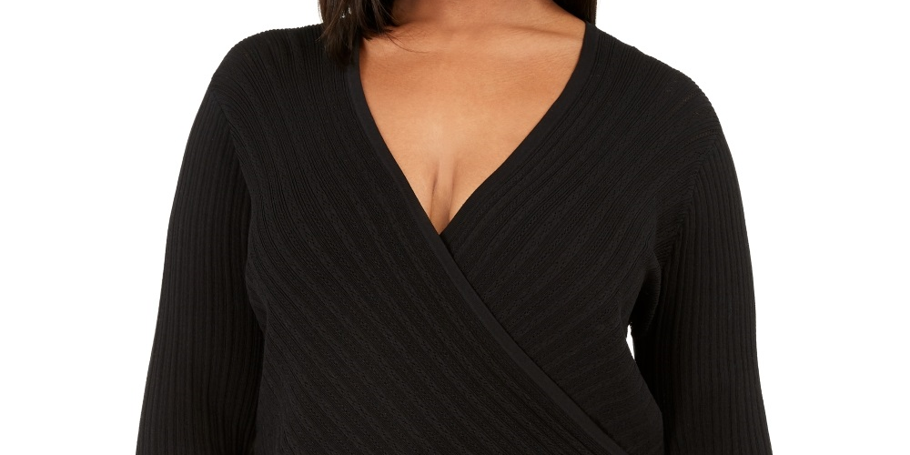 Suéter feminino plus size Pointelle Surplice da INC International Concepts, preto, tamanho 1X