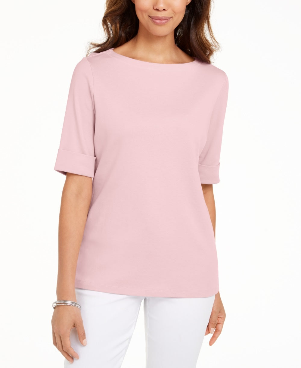 Karen Scott Blusa feminina com decote canoa e mangas curtas, rosa, tamanho pequeno