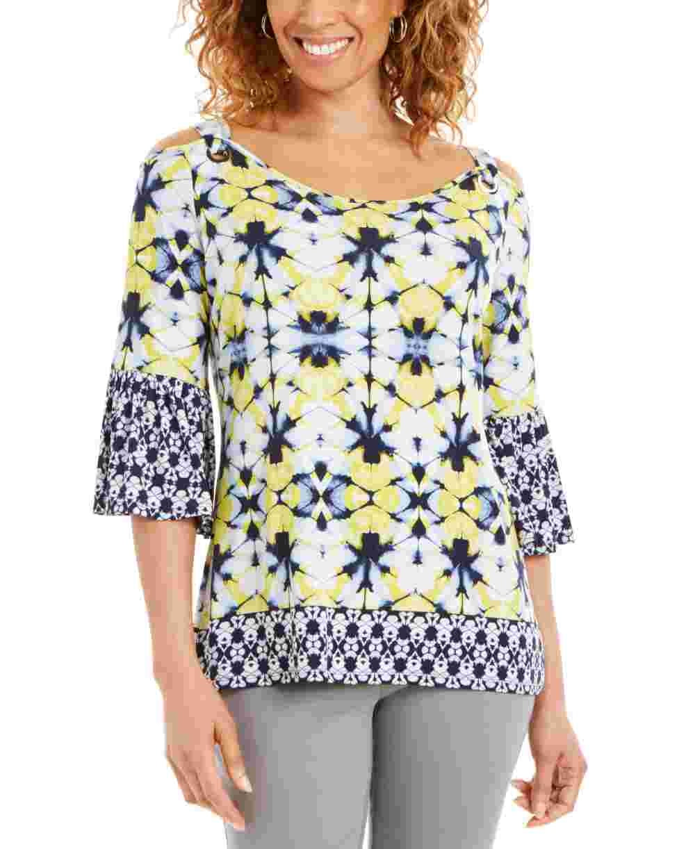 JM Collection Top feminino estampado pequeno com ombros descobertos, azul marinho, tamanho PL
