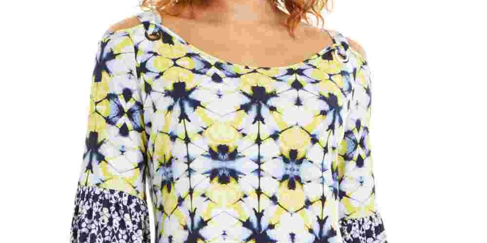 JM Collection Top feminino estampado pequeno com ombros descobertos, azul marinho, tamanho PL