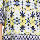 JM Collection Top feminino estampado pequeno com ombros descobertos, azul marinho, tamanho PL