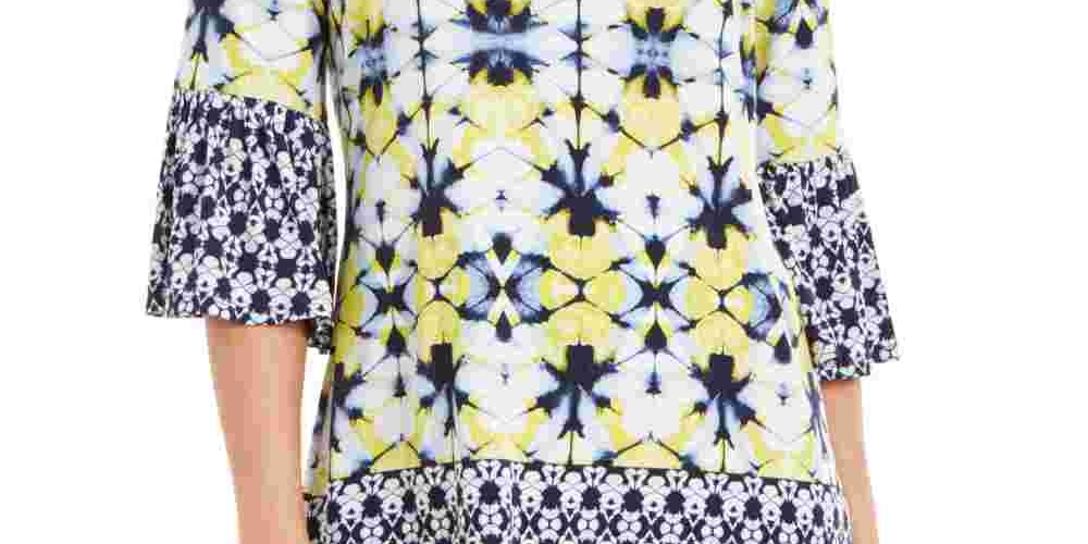 JM Collection Top feminino estampado pequeno com ombros descobertos, azul marinho, tamanho PL