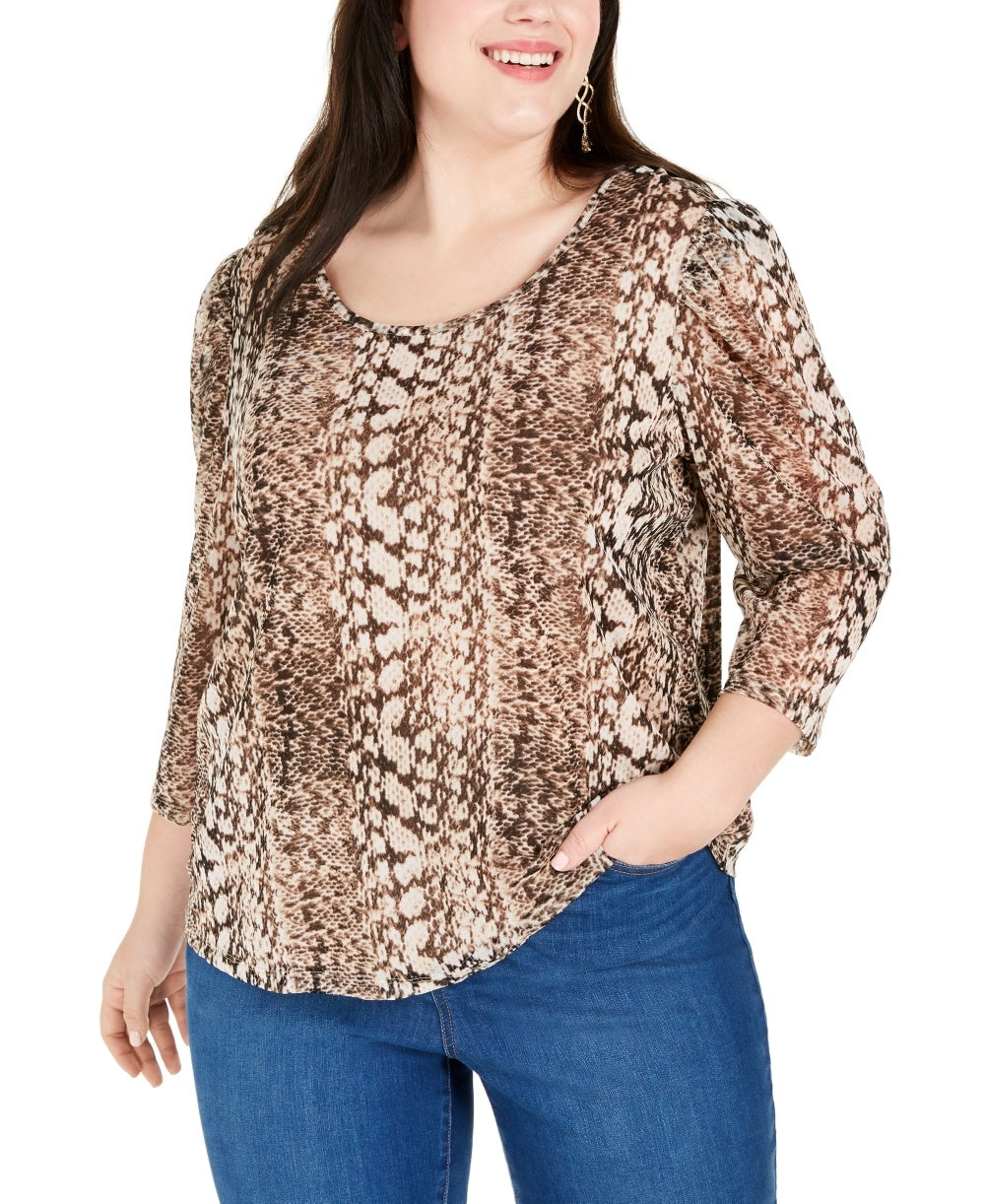Blusa feminina plus size estampada com manga 3/4, marrom, tamanho 0X, da INC International Concepts