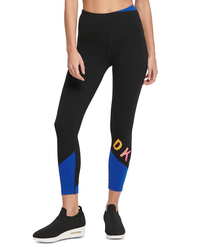 Leggings femininas esportivas DKNY Colorblocked no tornozelo, pretas, tamanho XS