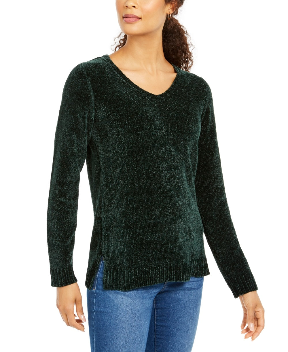 Karen Scott Suéter Feminino Petite Gola V Chenille Verde Escuro Tamanho Petite Pequeno