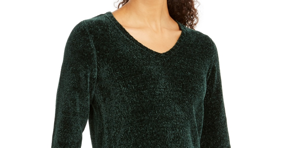 Karen Scott Suéter Feminino Petite Gola V Chenille Verde Escuro Tamanho Petite Pequeno
