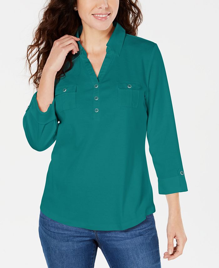 Camisa utilitária feminina Karen Scott de algodão com gola Johnny, verde, tamanho P