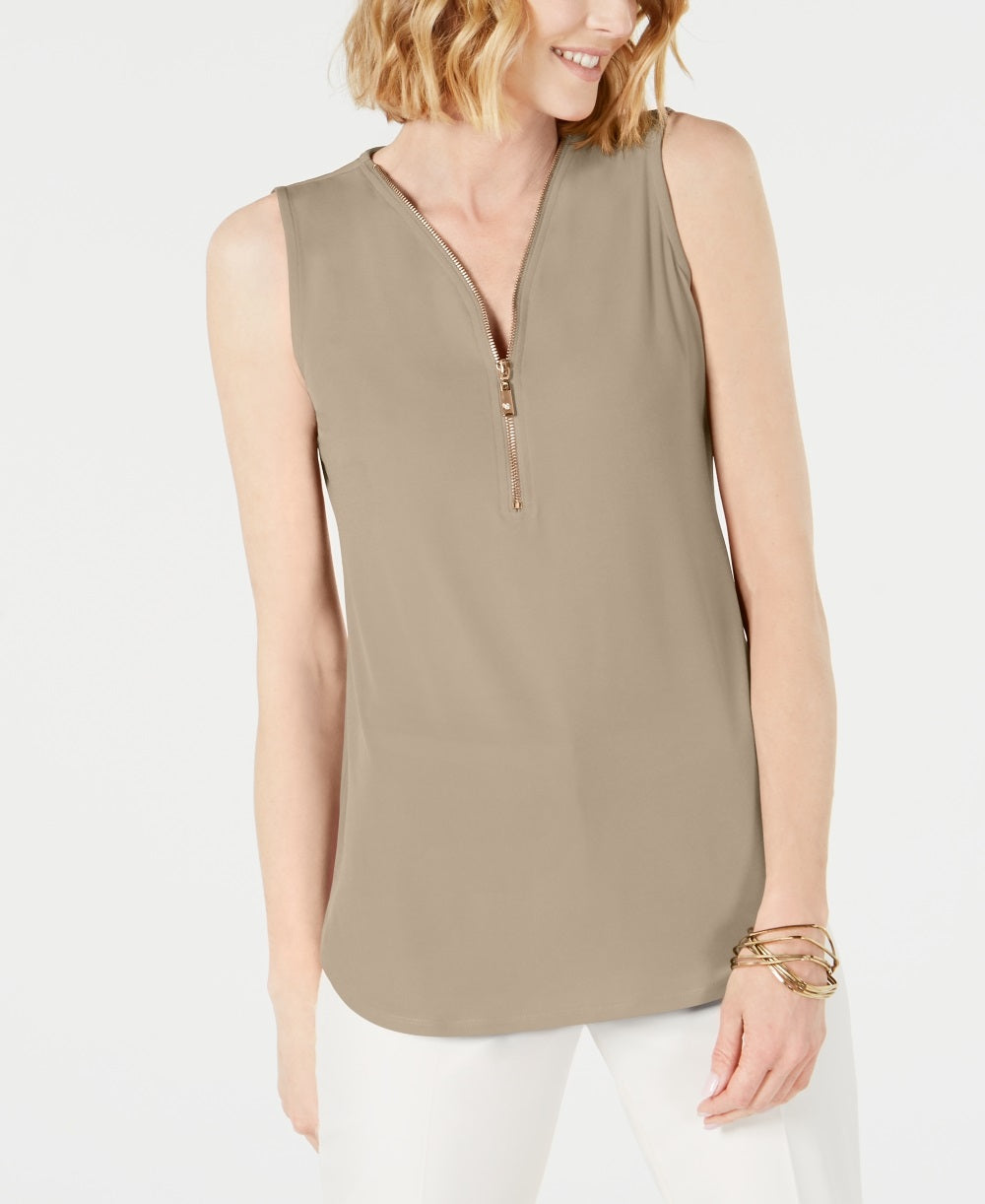 JM Collection Blusa feminina sem mangas com zíper, bege, tamanho pequeno