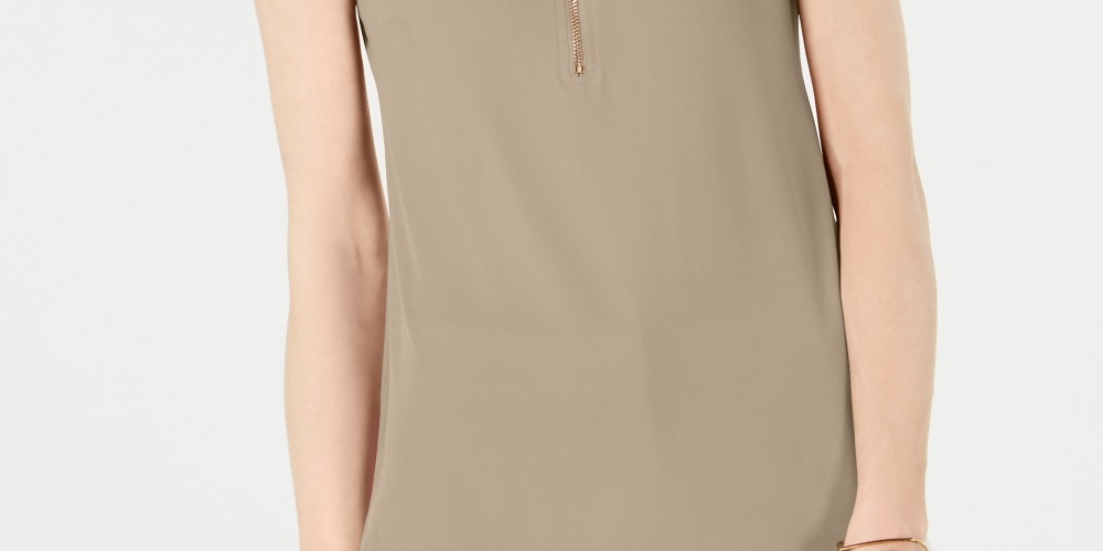 JM Collection Blusa feminina sem mangas com zíper, bege, tamanho pequeno