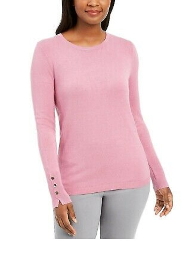 JM Collection Suéter feminino com gola redonda e punhos abotoados, rosa, tamanho pequeno, extragrande