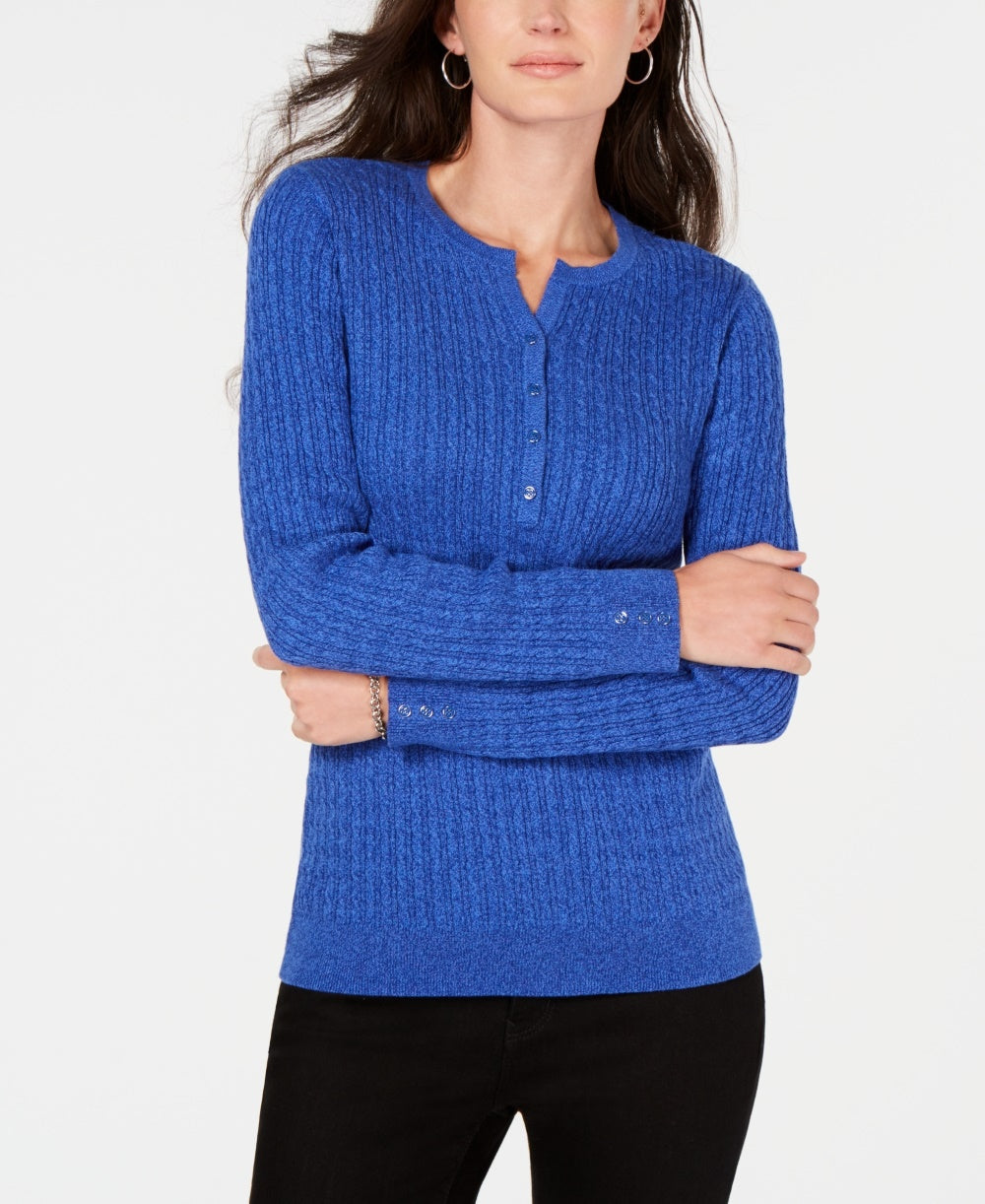 Karen Scott Suéter Henley de malha trançada de algodão feminino, tamanho P, azul