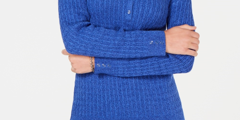 Karen Scott Suéter Henley de malha trançada de algodão feminino, tamanho P, azul