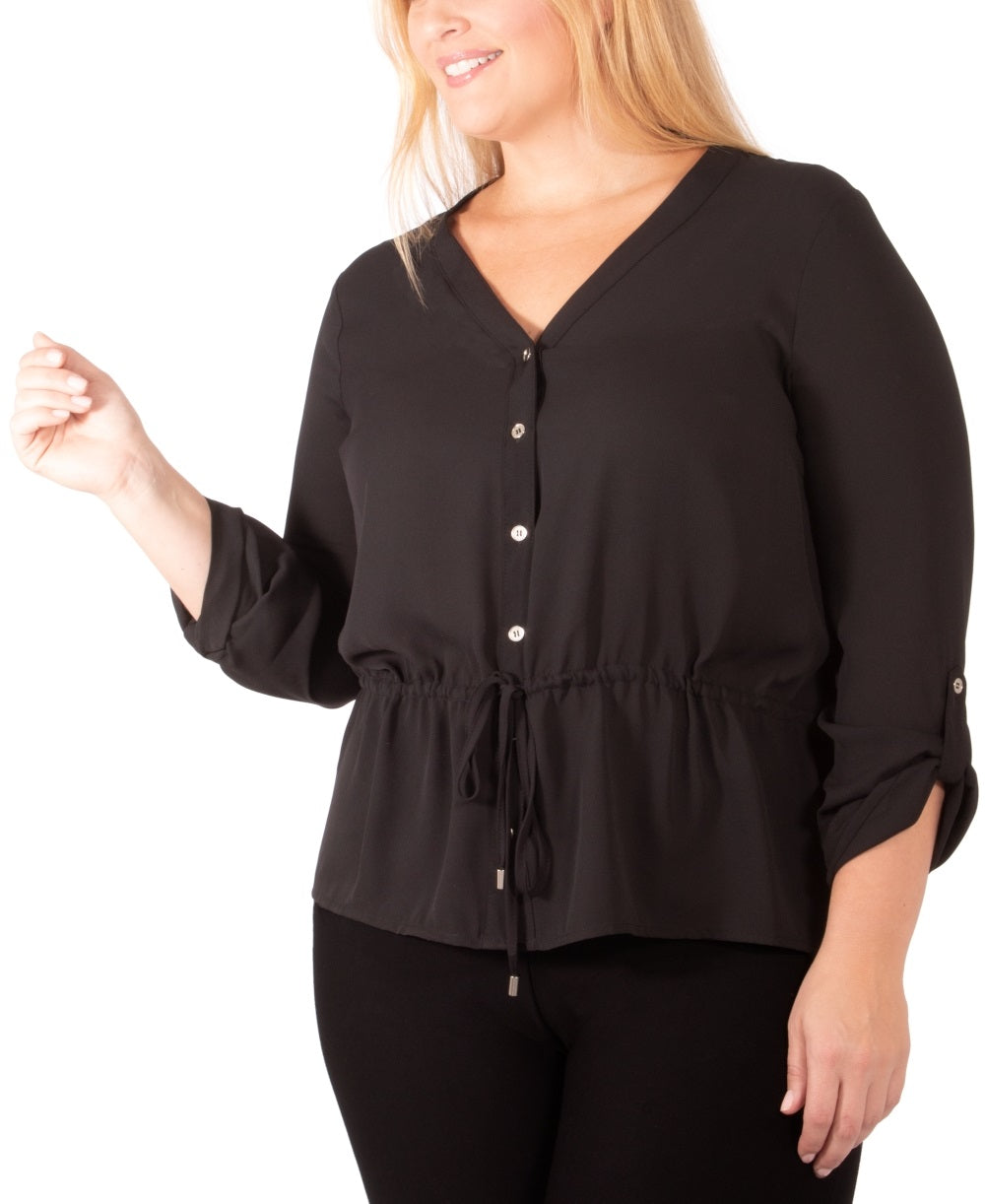 Blusa feminina plus size com cordão na cintura, tamanho 2X, preta, da NY Collection
