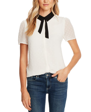 CeCe Women's Contrast-Trim Clip-Dot Top White Size Medium