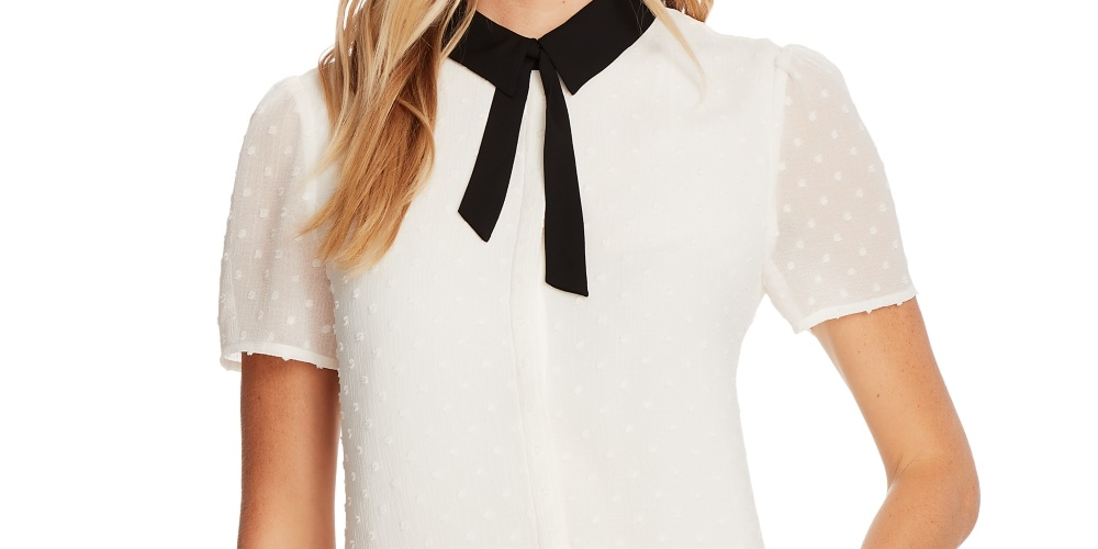 Top CeCe Feminino com Bolinhas e Acabamento Contrastado, Branco, Tamanho Médio