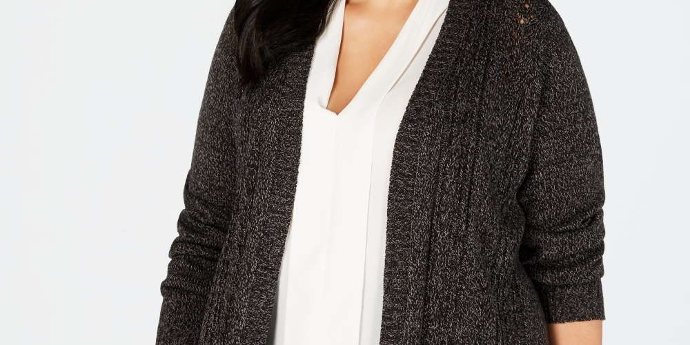 Karen Scott Cardigan Feminino Plus Pointelle Frente Aberta Preto Tamanho 0X