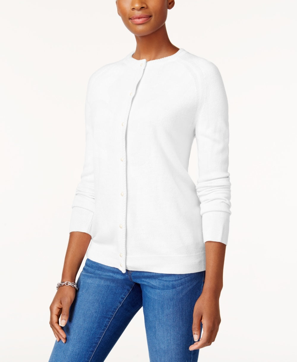 Karen Scott Cardigan Feminino com Botões e Contas, Branco, Tamanho XS