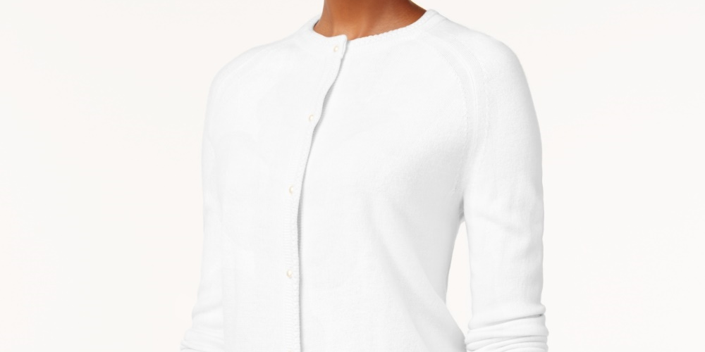 Karen Scott Cardigan Feminino com Botões e Contas, Branco, Tamanho XS