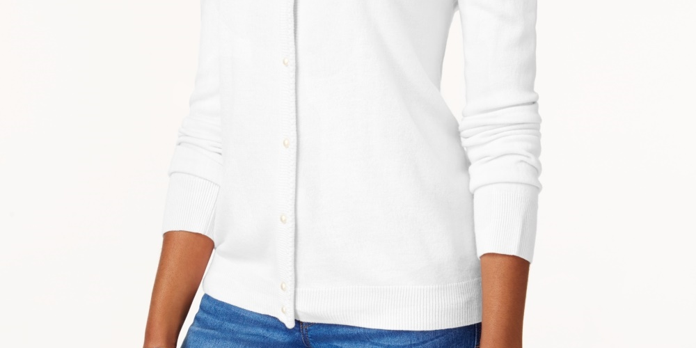Karen Scott Cardigan Feminino com Botões e Contas, Branco, Tamanho XS