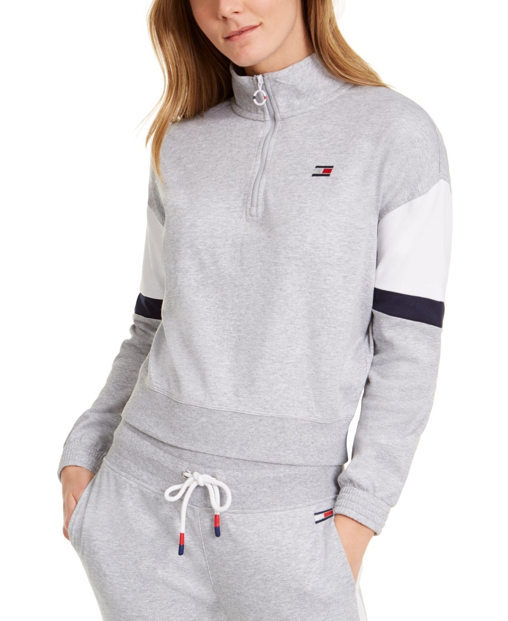 Tommy Hilfiger Sport Feminino Colorblocked Meio Zíper Blusa Prata Tamanho Médio