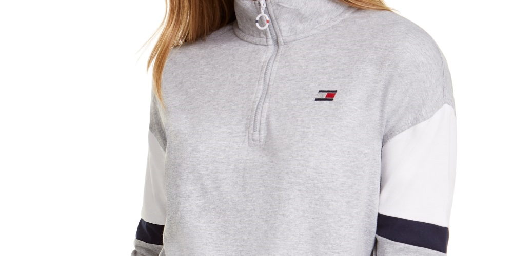 Tommy Hilfiger Sport Feminino Colorblocked Meio Zíper Blusa Prata Tamanho Médio