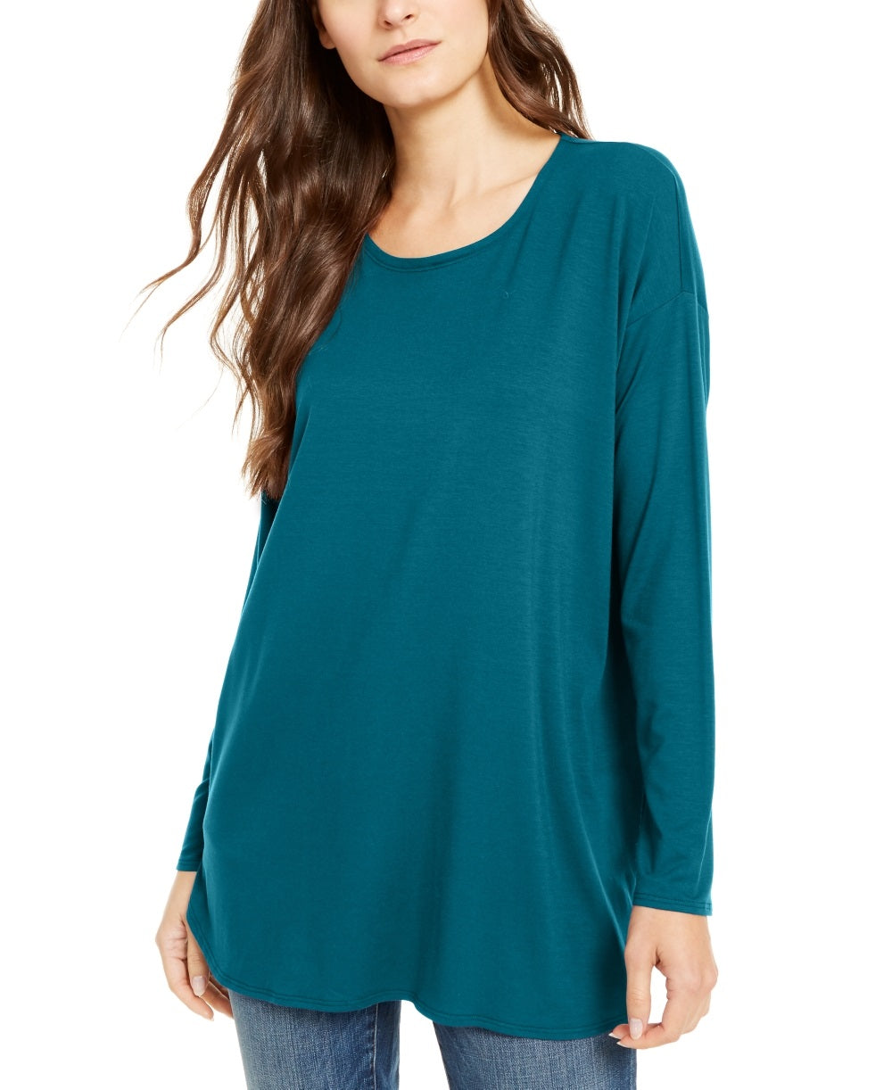 Túnica feminina Eileen Fisher com decote redondo, azul, tamanho médio