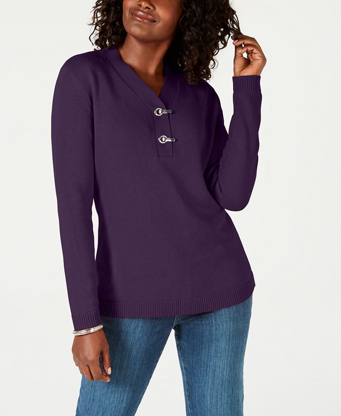 Karen Scott Suéter Henley Feminino de Algodão Roxo Tamanho Pequeno Médio