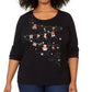 Karen Scott Top Feminino Plus Cotton Holiday com Strass e Detalhes Preto Tamanho 2X