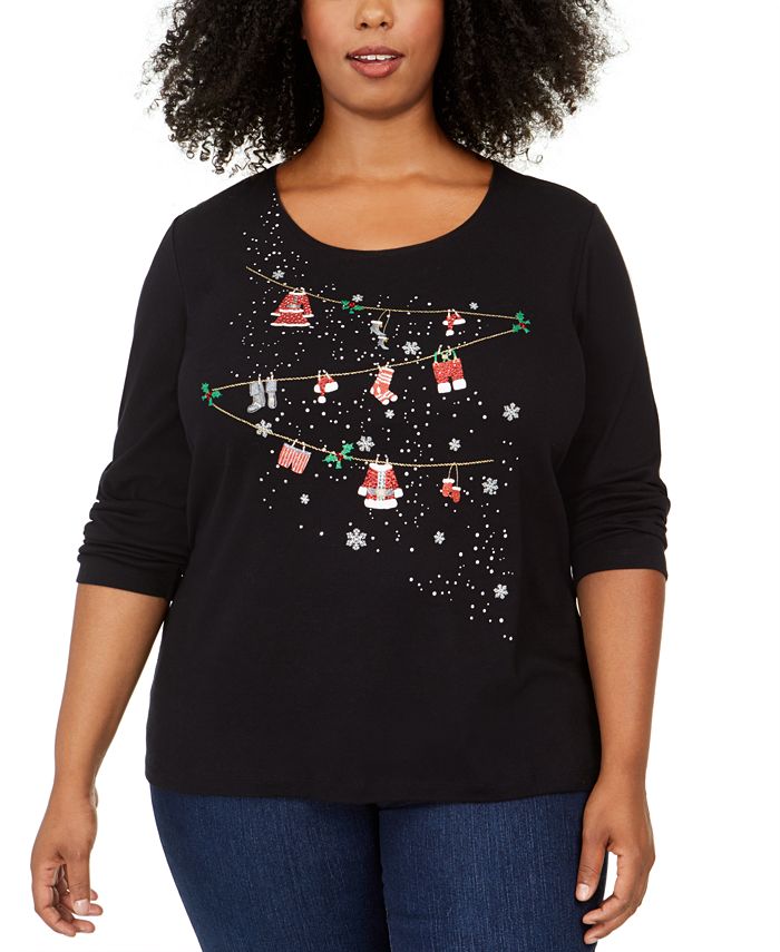 Karen Scott Top Feminino Plus Cotton Holiday com Strass e Detalhes Preto Tamanho 2X