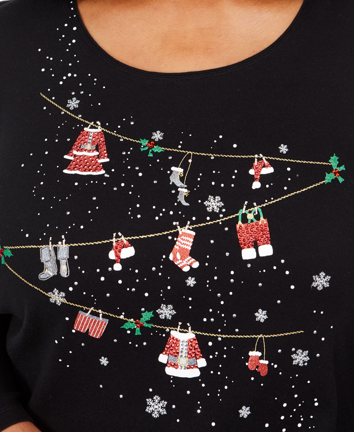 Karen Scott Top Feminino Plus Cotton Holiday com Strass e Detalhes Preto Tamanho 2X
