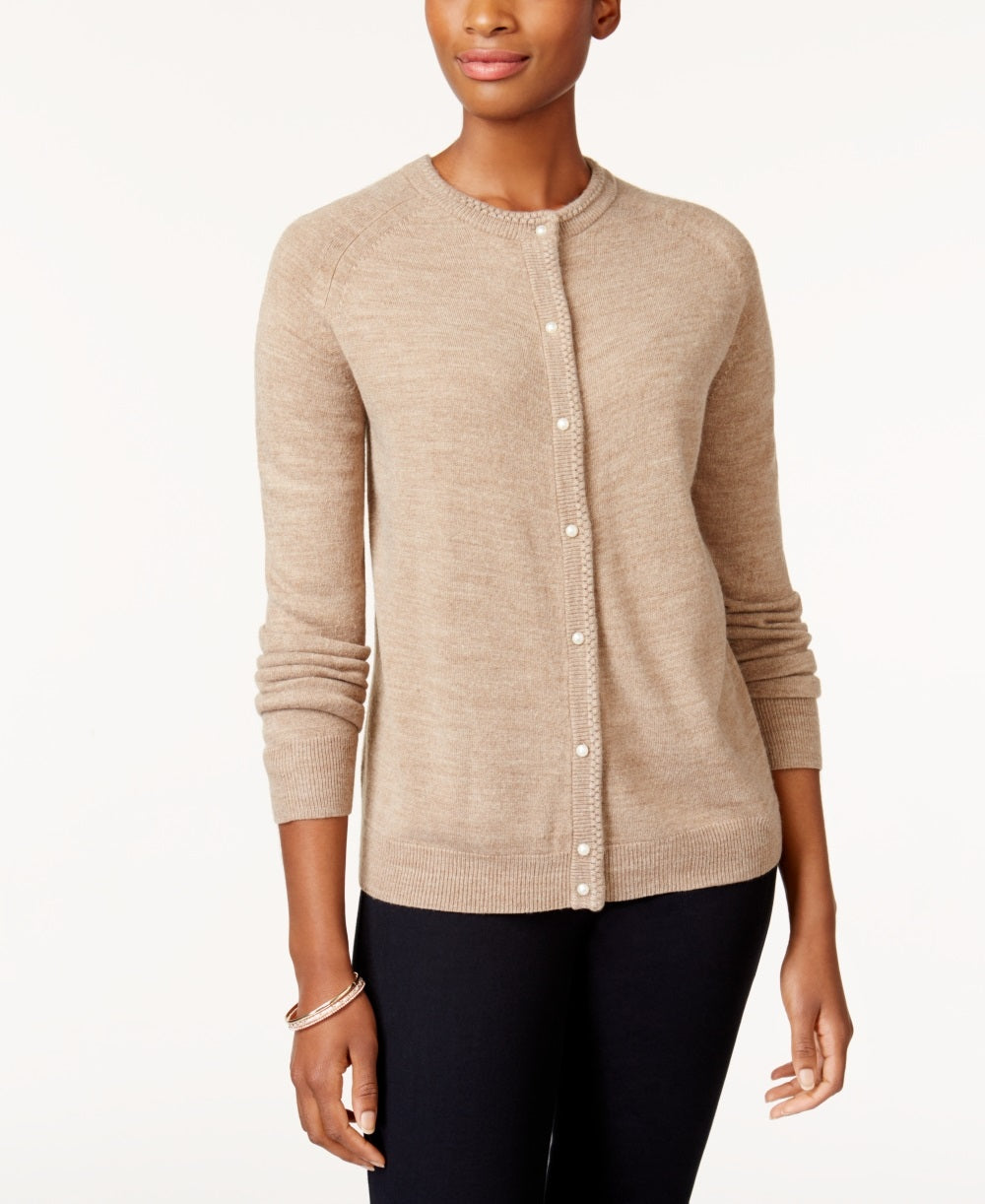 Karen Scott Cardigan Feminino com Botões e Contas Marrom Tamanho Grande