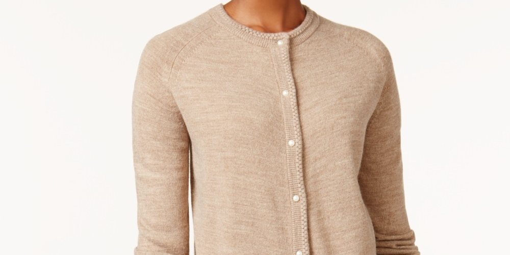 Karen Scott Cardigan Feminino com Botões e Contas Marrom Tamanho Grande