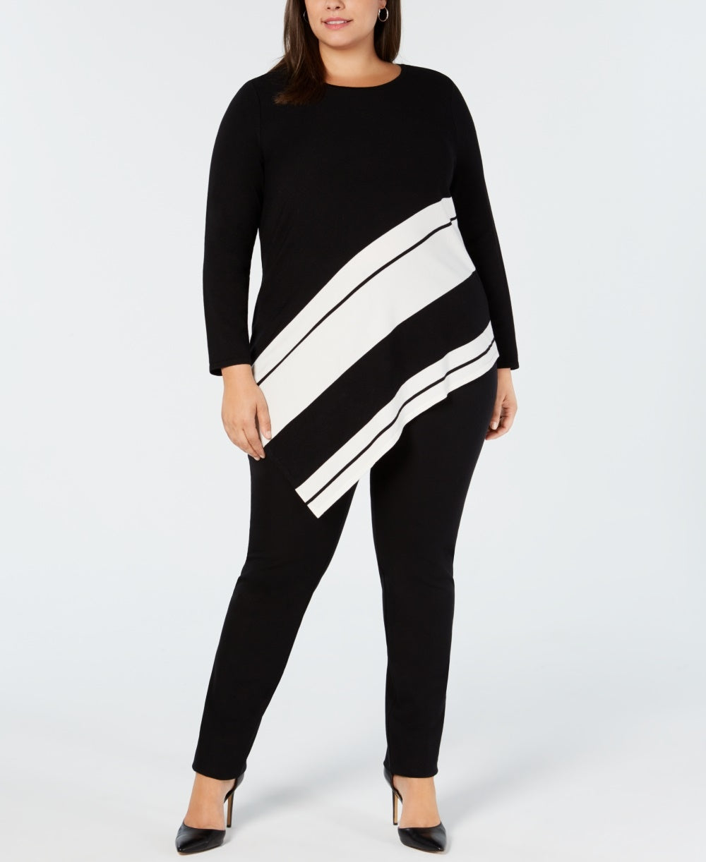 Suéter feminino Alfani Plus Size Listrado com bainha assimétrica Preto Tamanho 0X