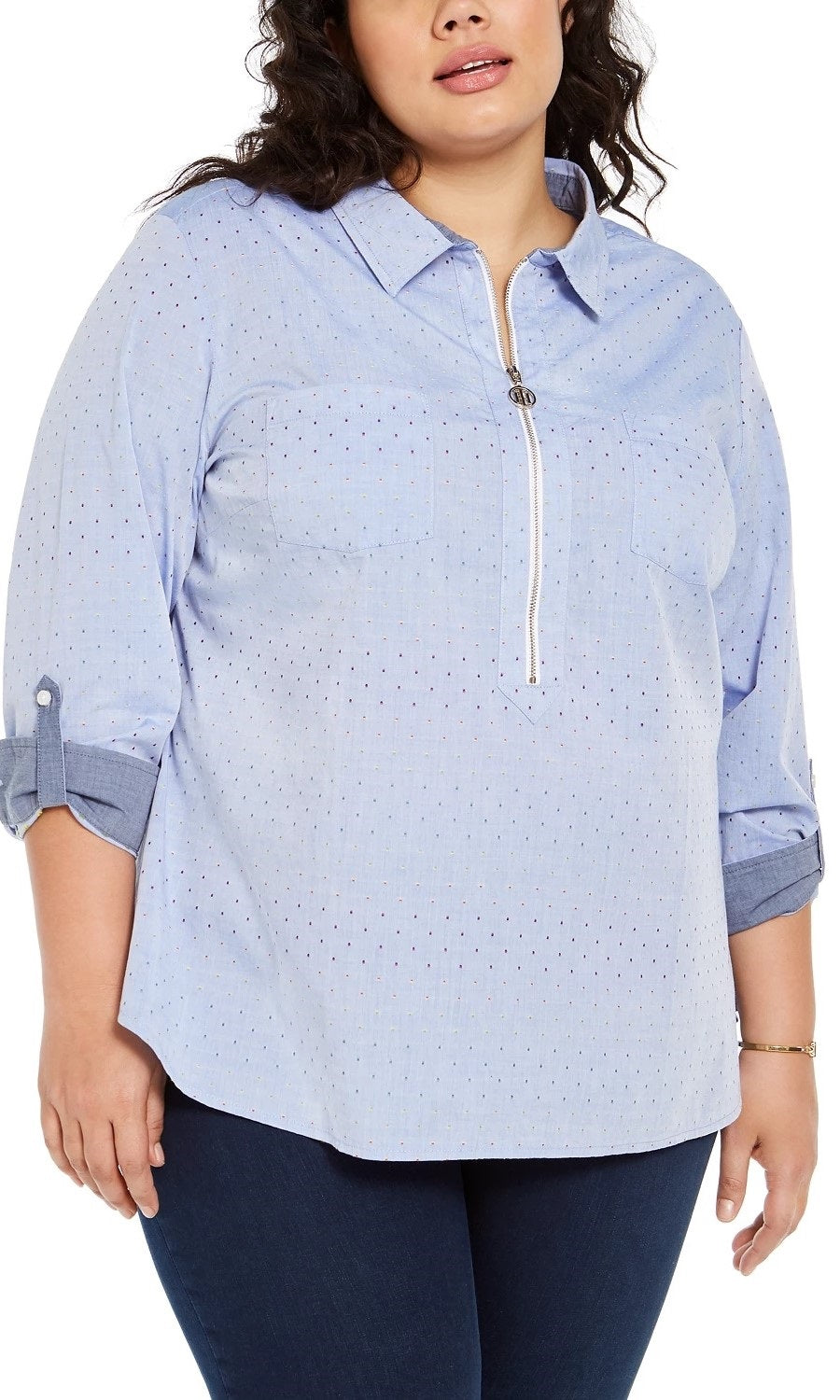 Tommy Hilfiger Women's Plus Size Polka Dot Zip Front Cotton Shirt Blue Size 0X
