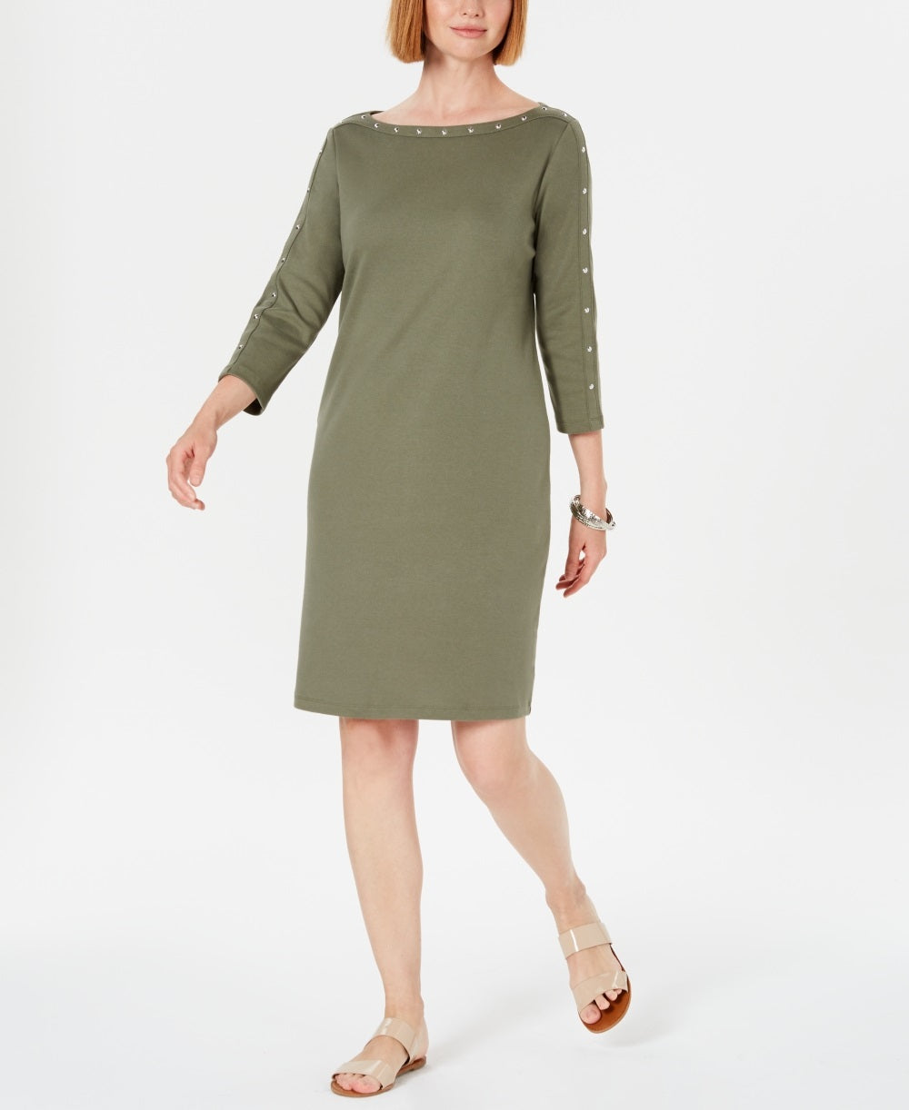 Vestido esportivo feminino Karen Scott de algodão com tachas e manga 3/4, verde, tamanho pequeno